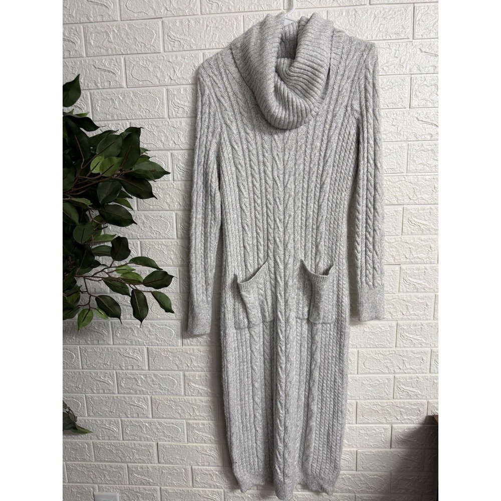Rachel Zoe Cable Knit Grey Sweater Dress Midi Turtleneck Pockets Womens Size S